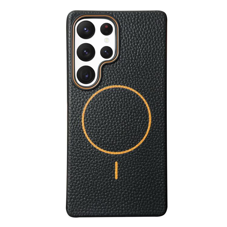 Funda de TPU con textura de lichi MagSafe para Samsung Galaxy S22 Ultra 5G (negro y naranja)