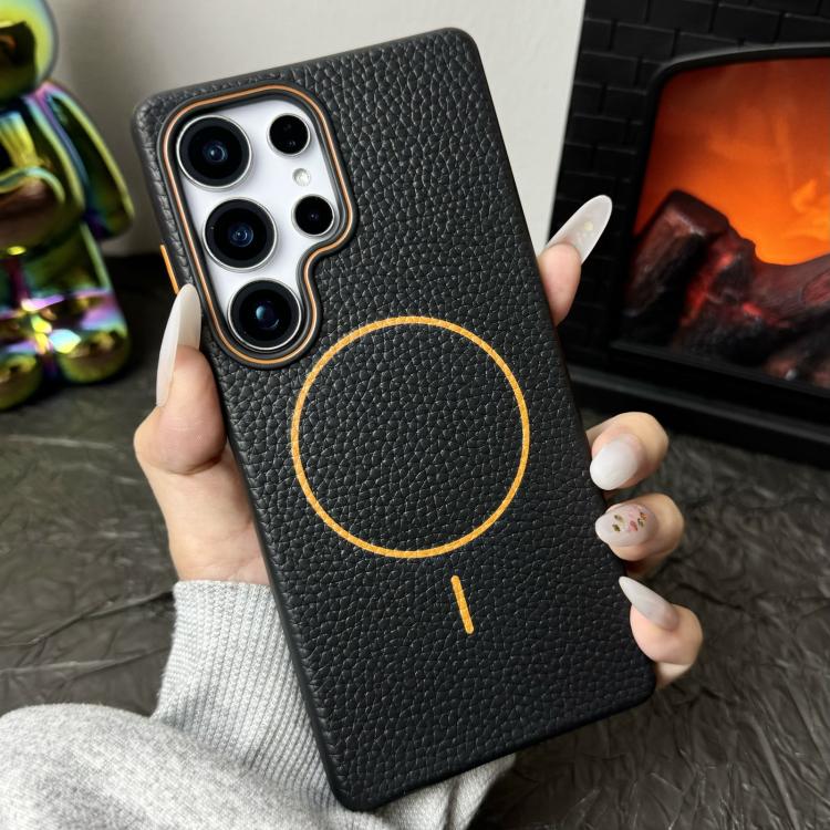 Funda de TPU con textura de lichi MagSafe para Samsung Galaxy S22 Ultra 5G (negro y naranja)