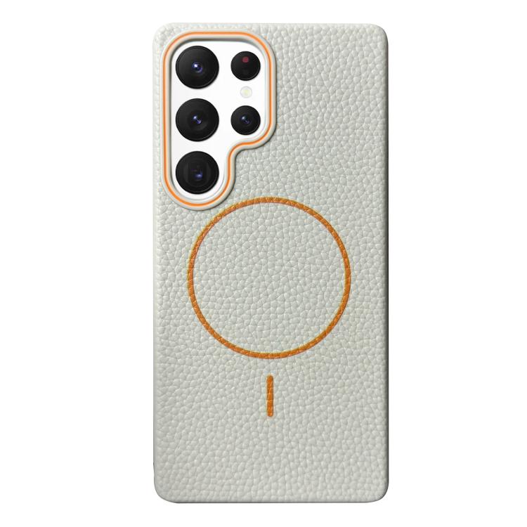 Funda de TPU con textura de lichi MagSafe para Samsung Galaxy S22 Ultra 5G (blanco y naranja)