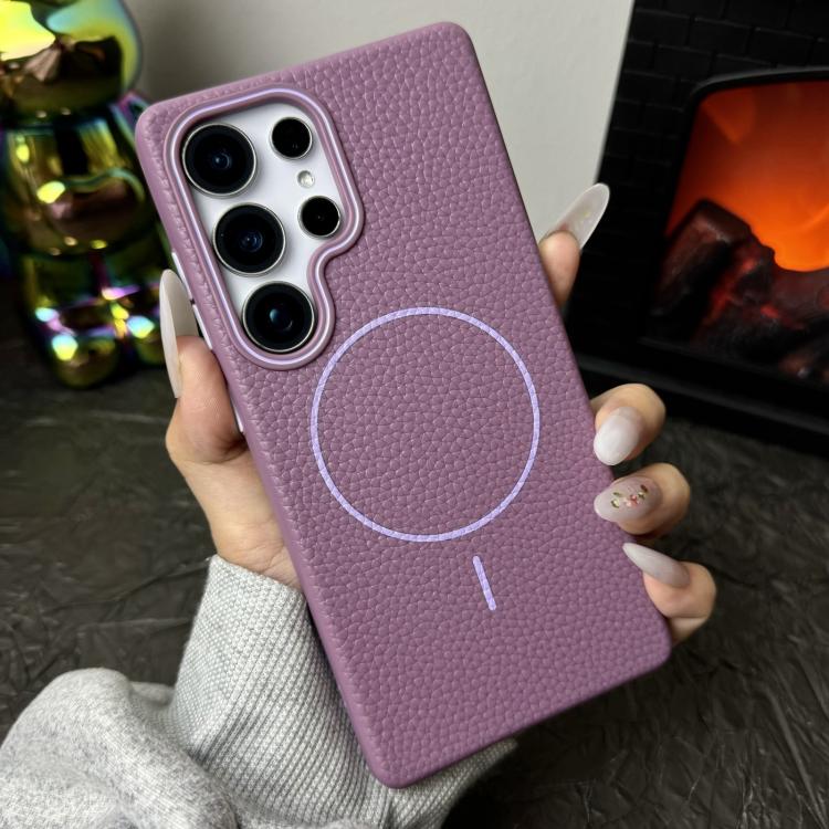 Funda de TPU con textura de lichi MagSafe para Samsung Galaxy S23 5G (morado atardecer)