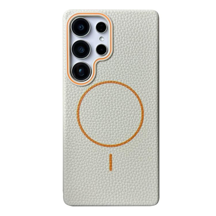 Funda de TPU con textura de lichi MagSafe para Samsung Galaxy S23 Ultra 5G (blanco y naranja)