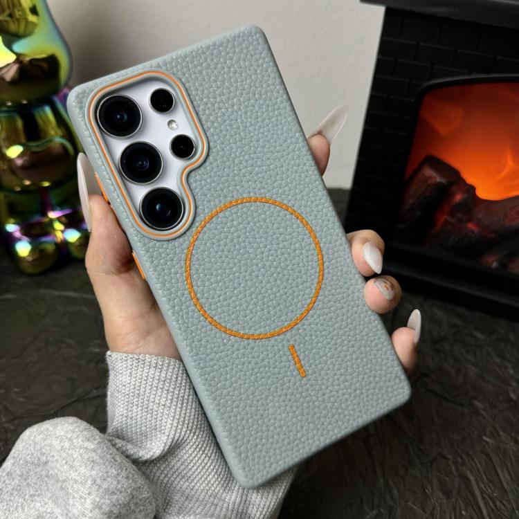 Funda de TPU con textura de lichi MagSafe para Samsung Galaxy S23 Ultra 5G (azul y naranja)