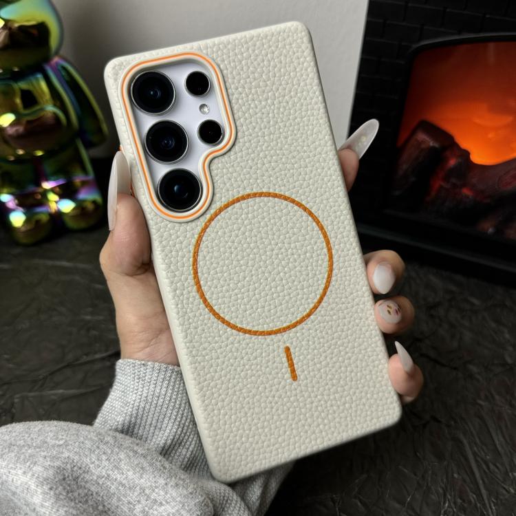 Funda de TPU con textura de lichi MagSafe para Samsung Galaxy S24+ 5G (blanco y naranja)