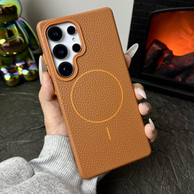 Funda de TPU con textura de lichi MagSafe para Samsung Galaxy S24 Ultra 5G (marrón dorado)