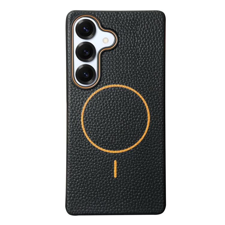 Funda de TPU con textura de lichi MagSafe para Samsung Galaxy S25 5G (negro y naranja)