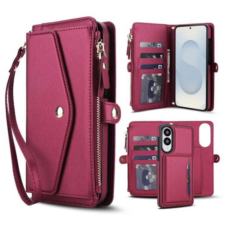 Funda de cuero desmontable con cordón para Samsung Galaxy S25 Edge 5G (multifuncional, roja)