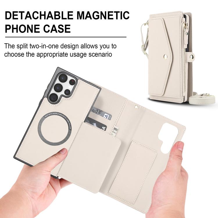 Funda de cuero desmontable con cordón para Samsung Galaxy S22 Ultra 5G (blanco)