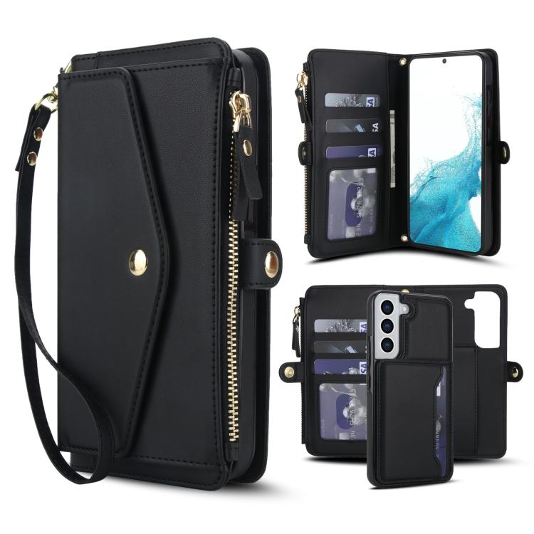 Funda de cuero desmontable con cordón para Samsung Galaxy S22+ 5G (negro)