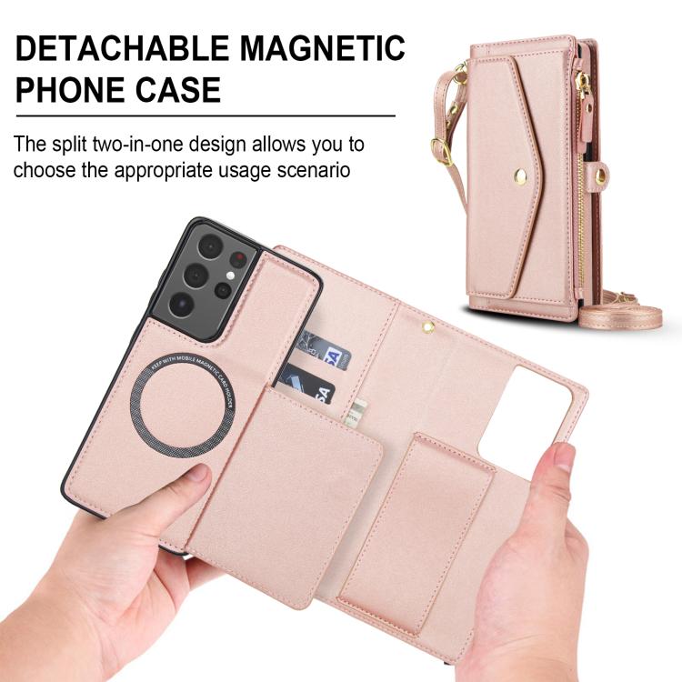 Funda de cuero desmontable con cordón para Samsung Galaxy S21 Ultra 5G (oro rosa)