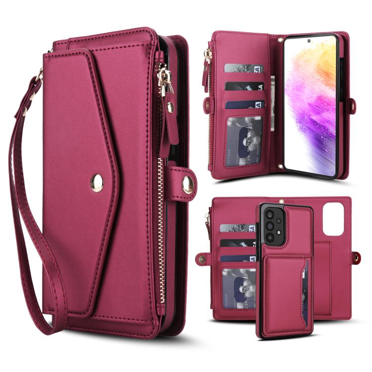 Funda de cuero desmontable con cordĂłn para Samsung Galaxy A73 5G (multifuncional, roja)
