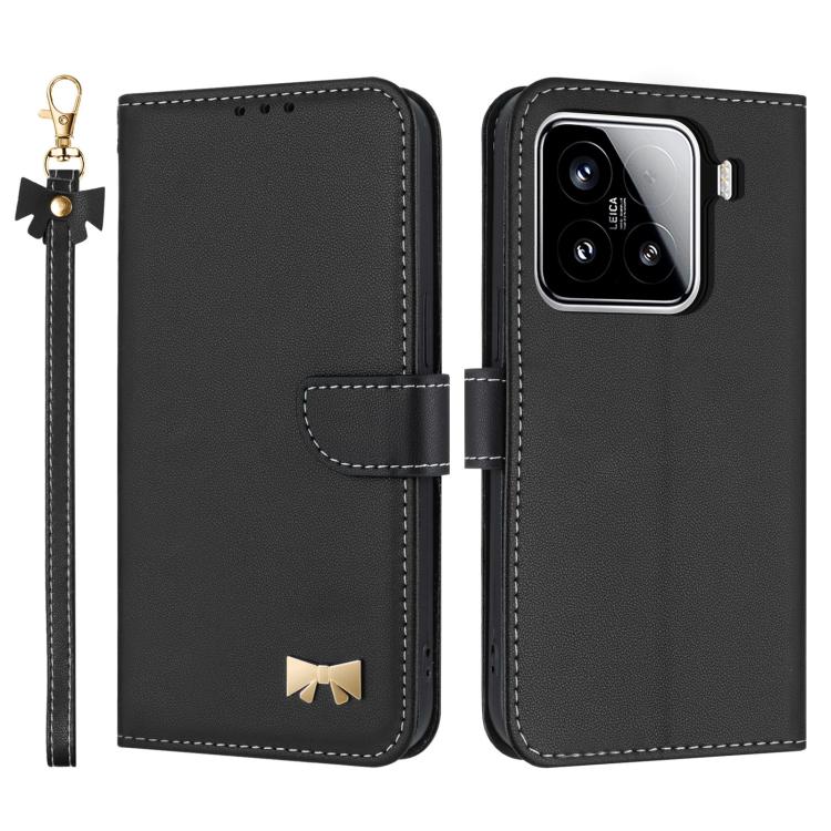 Funda de cuero con lazo metálico y correa para la mano para Xiaomi 15 (negra)