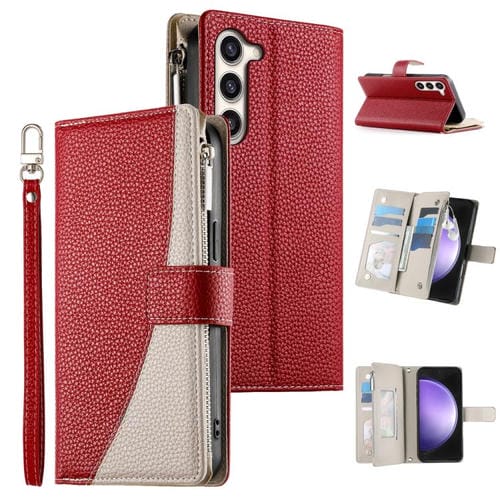 Funda de cuero tipo billetera con cremallera y múltiples tarjetas para Samsung Galaxy S23+ 5G, con costuras y correa corta (roja)