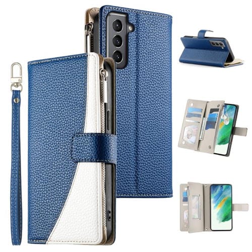Funda de cuero con cremallera para Samsung Galaxy S21 5G, con costuras, para múltiples tarjetas y correa corta (azul oscuro)
