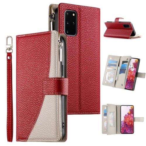 Funda de cuero tipo billetera con cremallera para Samsung Galaxy S20+, con costuras, múltiples tarjetas y correa corta (roja)