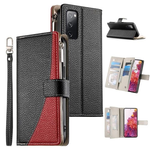 Funda de cuero tipo billetera con cremallera y múltiples tarjetas para Samsung Galaxy S20 FE con costuras y correa corta (negra)