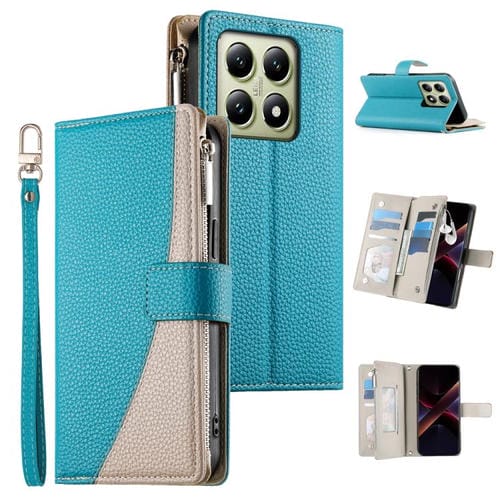 Funda de cuero con cremallera para Xiaomi 14T, con mĂșltiples tarjetas y costuras, con correa corta (azul)