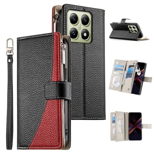 Funda de cuero con cremallera para Xiaomi 14T, con mĂșltiples tarjetas y costuras, con correa corta (negra)