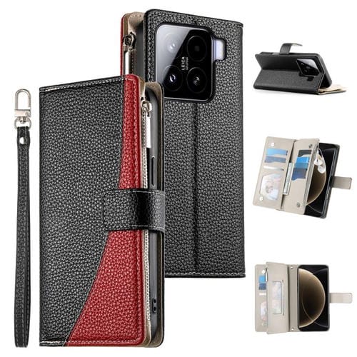 Funda de cuero con cremallera para Xiaomi 15, con mĂșltiples tarjetas y costuras, con correa corta (negra)