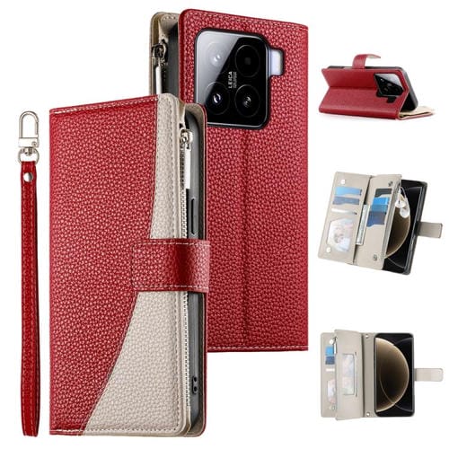 Funda de cuero con cremallera para Xiaomi 15, con mĂșltiples tarjetas y costuras, con correa corta (roja)