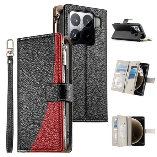 Funda de cuero con cremallera para Xiaomi 15 Pro, con mĂșltiples tarjetas y costuras, con correa corta (negra)