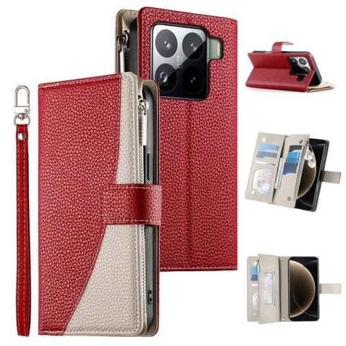 Funda de cuero con cremallera para Xiaomi 15 Pro, con mĂșltiples tarjetas y costuras, con correa corta (roja)