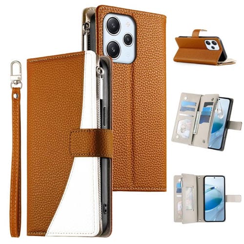 Funda de cuero con cremallera para Redmi 12 4G/5G/Note 12R, con costuras, para mĂșltiples tarjetas y correa corta (marrĂłn)