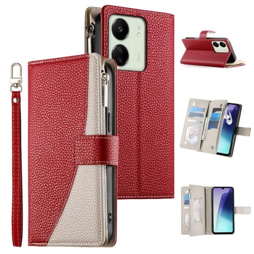Funda de cuero con cremallera para Redmi 13C 4G / 5G / 13R / Xiaomi Poco C65, con costuras, mĂșltiples tarjetas y correa corta (roja)