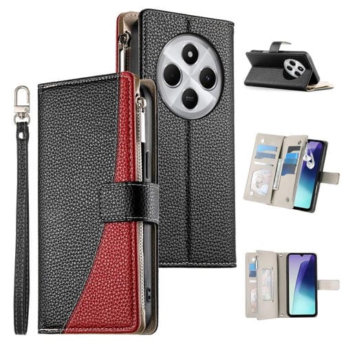 Funda de cuero con cremallera y mĂșltiples tarjetas para Redmi 14C 4G / 14R / A4 5G / A3 Pro, con costuras y correa corta (negra)