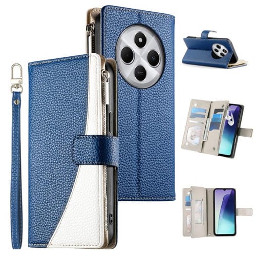 Funda de cuero con cremallera y mĂșltiples tarjetas para Redmi 14C 4G / 14R / A4 5G / A3 Pro, con costuras y correa corta (azul oscuro)
