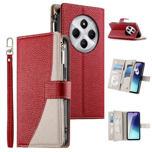 Funda de cuero con cremallera y mĂșltiples tarjetas para Redmi 14C 4G / 14R / A4 5G / A3 Pro, con costuras y correa corta (roja)