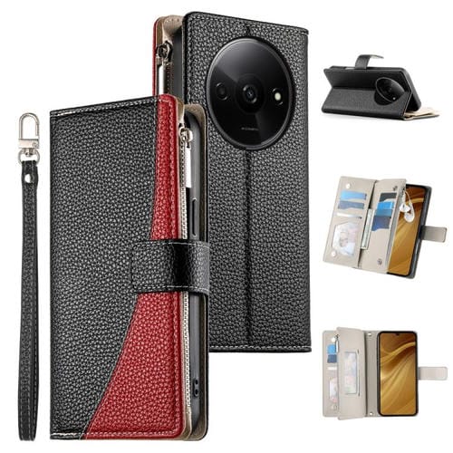 Funda de cuero con cremallera para Redmi A3 y Xiaomi Poco C61, con costuras, para mĂșltiples tarjetas y correa corta (negra)