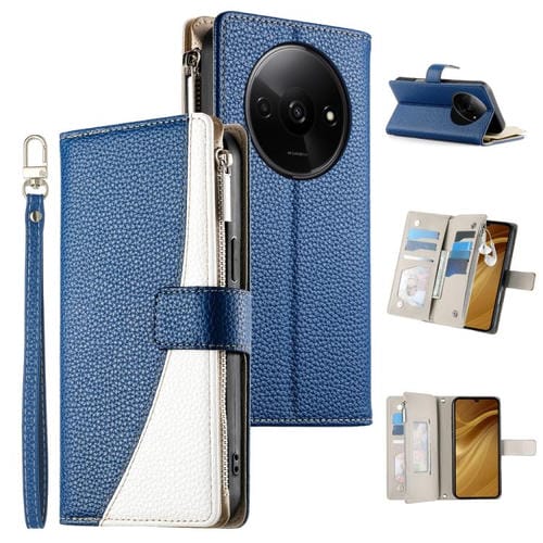 Funda de cuero con cremallera para Redmi A3 / Xiaomi Poco C61, con costuras, mĂșltiples tarjetas y correa corta (azul oscuro)