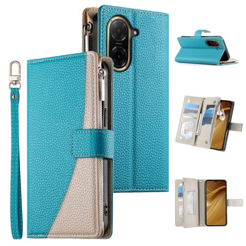 Funda de cuero con cremallera para Redmi A5 4G (171,7 mm) y Xiaomi Poco C71, con costuras, mĂșltiples tarjetas y correa corta (azul)