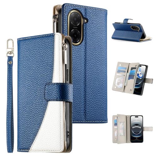 Funda de cuero con cremallera para Redmi A5 4G (171,7 mm) y Xiaomi Poco C71, con costuras, mĂșltiples tarjetas y correa corta (azul oscuro)