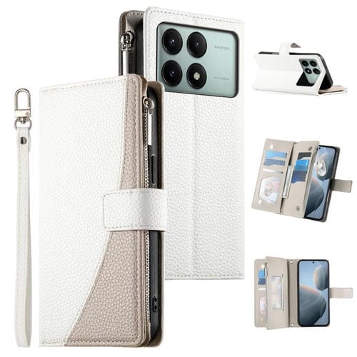 Funda de cuero con cremallera y mĂșltiples tarjetas para Redmi K70E/Xiaomi Poco X6 Pro, con costuras y correa corta (blanca)