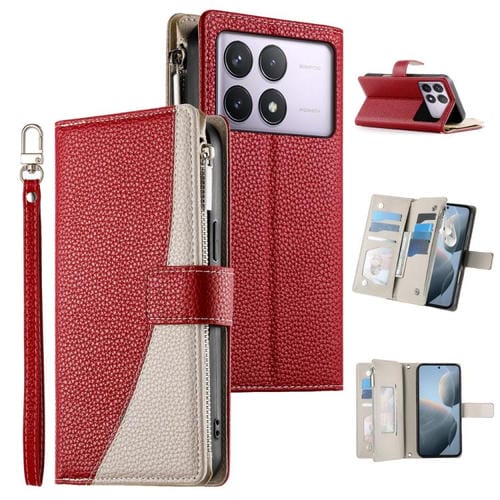 Funda de cuero con cremallera y mĂșltiples tarjetas para Redmi K70 / K70 Pro / Poco F6 Pro, con costuras y correa corta (roja)