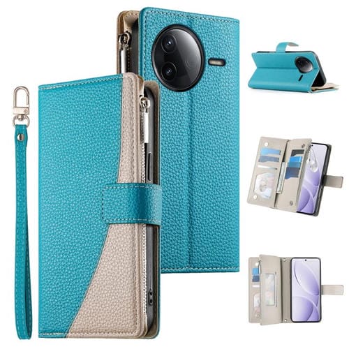 Funda de cuero con cremallera y mĂșltiples tarjetas para Redmi K80 / K80 Pro / Poco F7 Pro, con costuras y correa corta (azul)