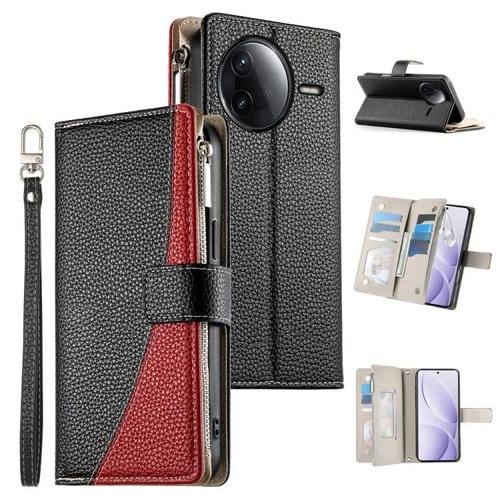 Funda de cuero con cremallera y mĂșltiples tarjetas para Redmi K80 / K80 Pro / Poco F7 Pro, con costuras y correa corta (negra)