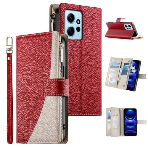 Funda de cuero con cremallera para Redmi Note 12 4G Global / Note 12R Pro, con costuras, para mĂșltiples tarjetas y correa corta (roja)