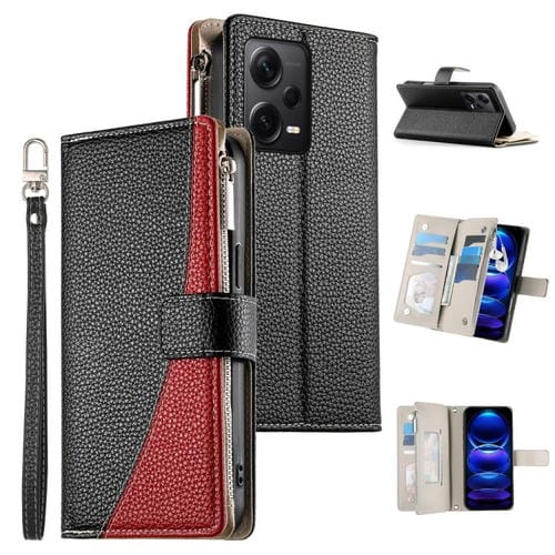 Funda de cuero con cremallera y mĂșltiples tarjetas para Redmi Note 12 Pro+ Global / Note 12 Explorer, con costuras y correa corta (negra)