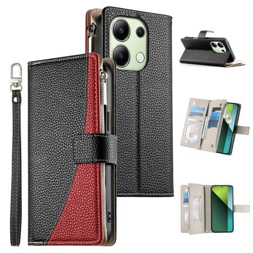 Funda de cuero con cremallera para Redmi Note 13 4G, con costuras globales, mĂșltiples tarjetas y correa corta (negra)