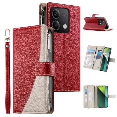Funda de cuero con cremallera para Redmi Note 13 5G, con costuras globales, mĂșltiples tarjetas y correa corta (roja)