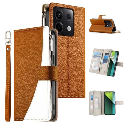 Funda de cuero con cremallera para Redmi Note 13 Pro / Xiaomi Poco X6, con costuras, para múltiples tarjetas y correa corta (marrón)