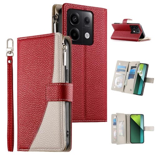 Funda de cuero con cremallera para Redmi Note 13 Pro / Xiaomi Poco X6, con costuras, para mĂșltiples tarjetas y correa corta (roja)