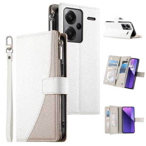 Funda de cuero tipo billetera con cremallera para Redmi Note 13 Pro+, con costuras globales y correa corta (blanca)