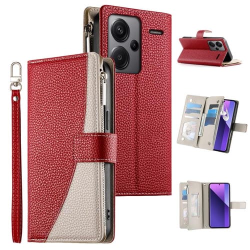 Funda de cuero tipo billetera con cremallera para Redmi Note 13 Pro+, con costuras globales y mĂșltiples tarjetas, con correa corta (roja)