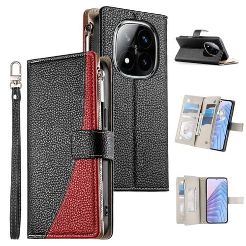 Funda de cuero con cremallera para Redmi Note 14 Pro 4G, con costuras, para mĂșltiples tarjetas y correa corta (negra)