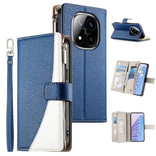 Funda de cuero con cremallera para Redmi Note 14 Pro 4G, con costuras, para mĂșltiples tarjetas y correa corta (azul oscuro)