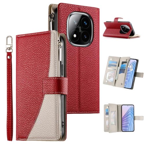 Funda de cuero con cremallera para Redmi Note 14 Pro 4G, con costuras, para mĂșltiples tarjetas y correa corta (roja)