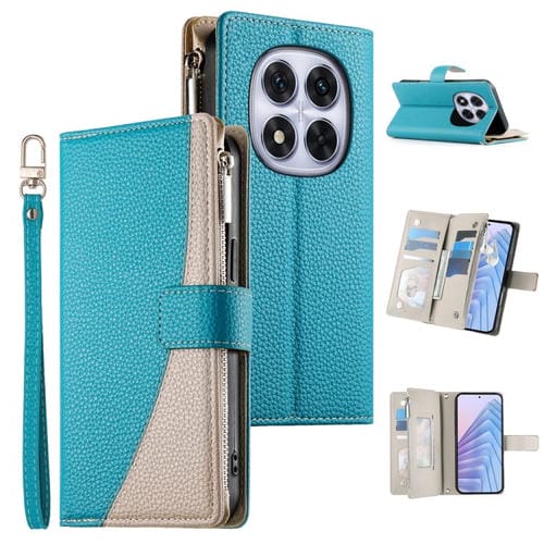 Funda de cuero con cremallera para Redmi Note 14 Pro 5G / Note 14 Pro+ 5G, con costuras, para mĂșltiples tarjetas y correa corta (azul)